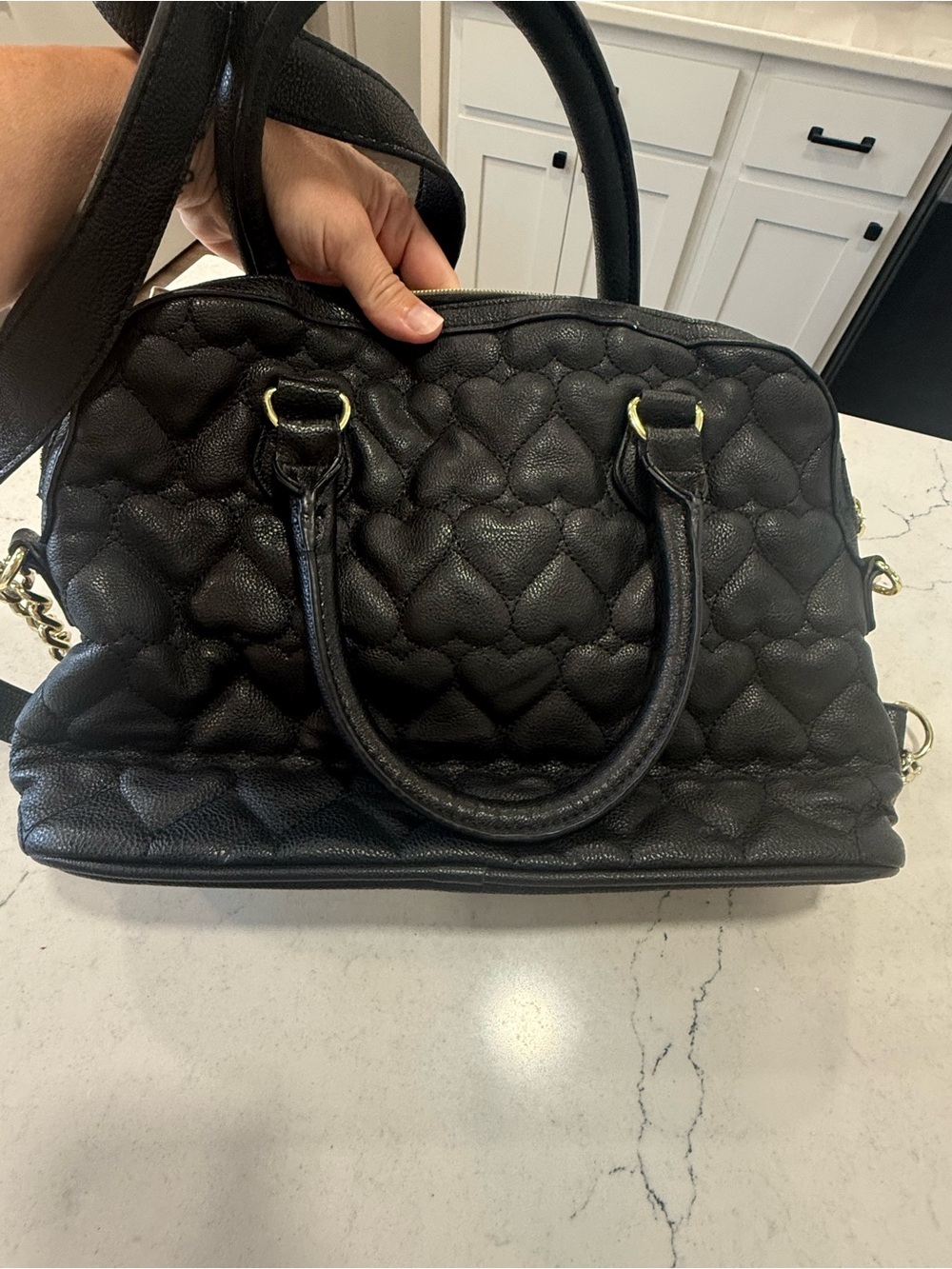 Betsey Johnson Black Heart Quilted Satchel White Bow Gold Hardware Floral Lined - Picture 5 of 7